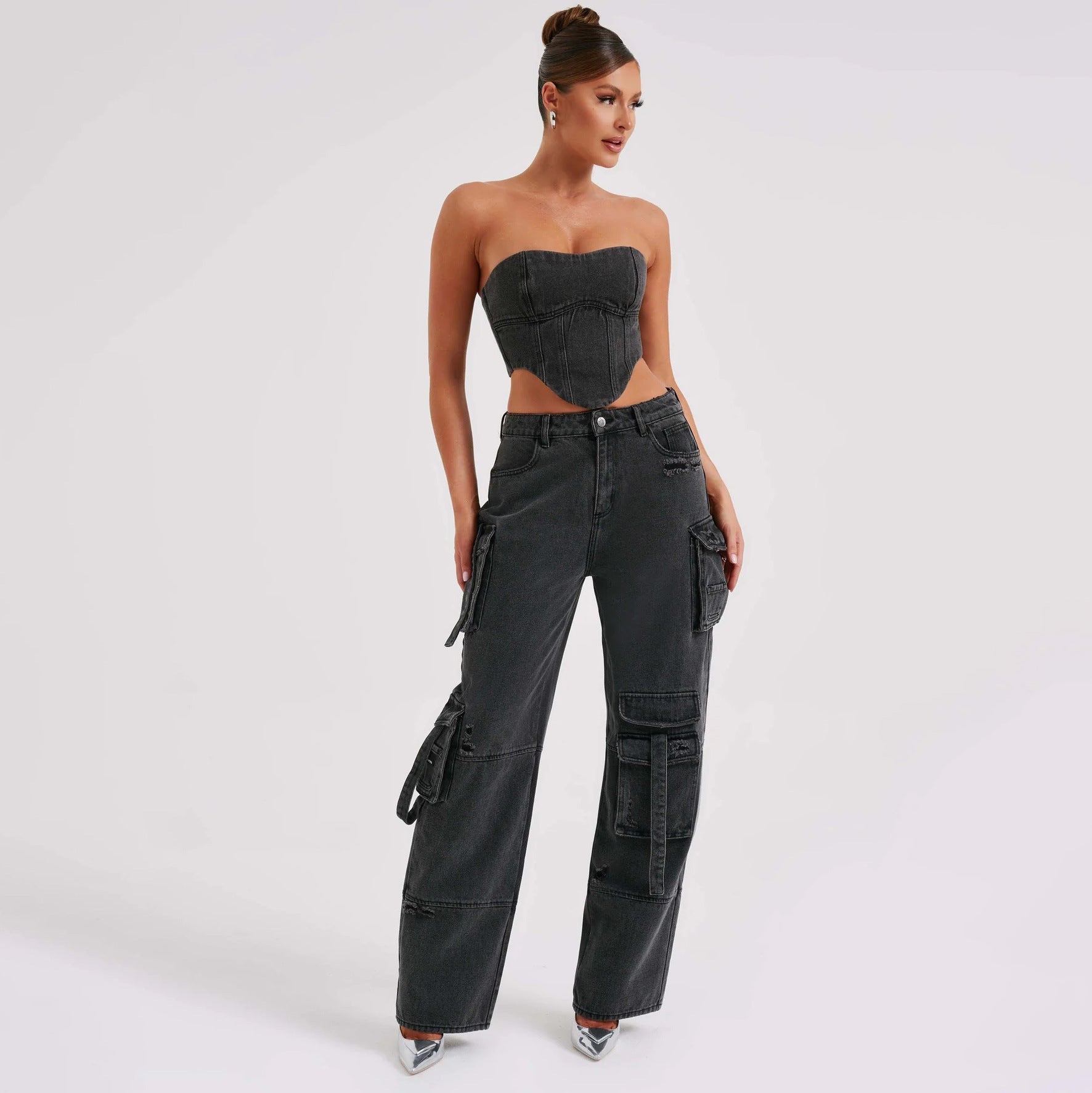 Valenzora | Denim Suits Summer Sexy Back Cutout Tube Top and Multiple Pockets Straight Trousers Fashion Long Trousers Suit Women's Clothing