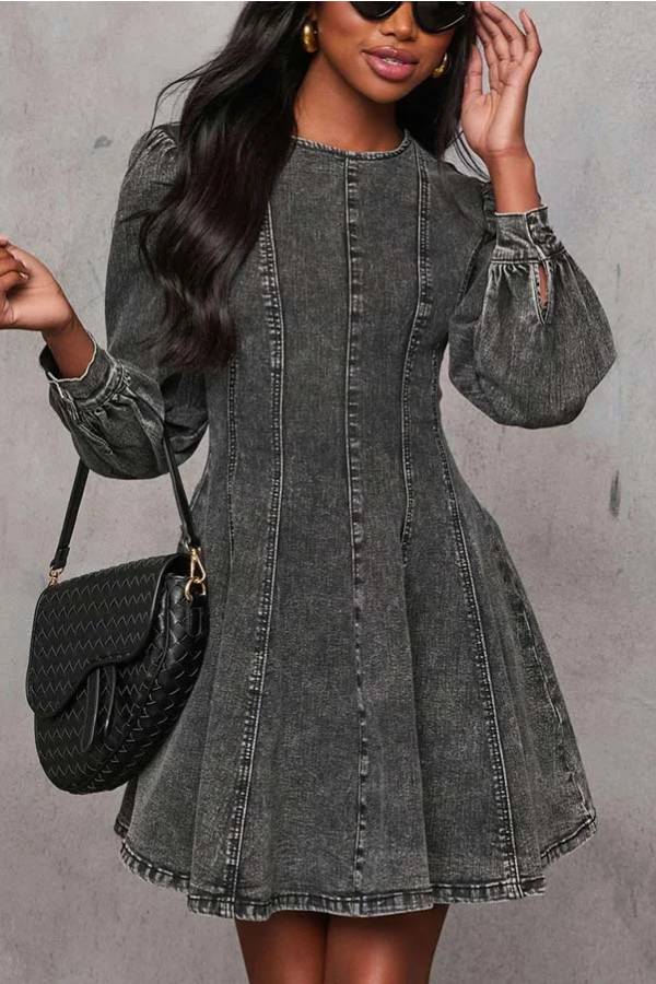 Valenzora | Fade Into You Denim Princess Line Back Zipper Flare Stretch Mini Dress