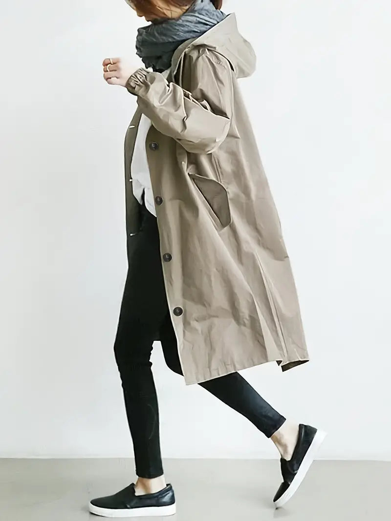 Trench coat with hood and drawstring