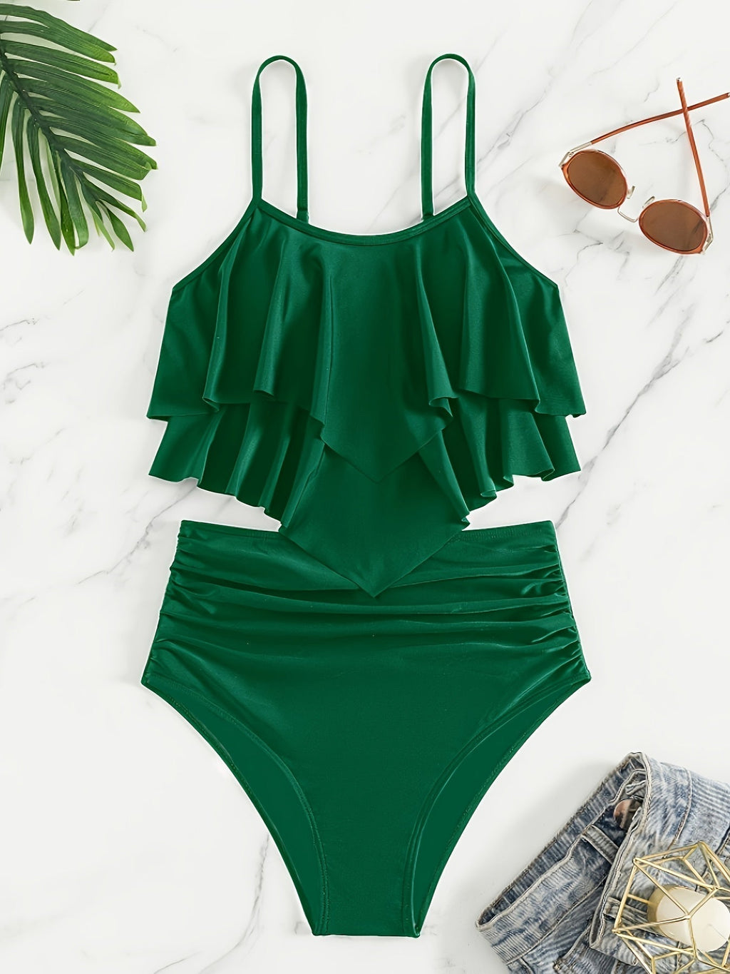 Valenzora | Ruched, Layered Two-Piece Black Tankini for Women