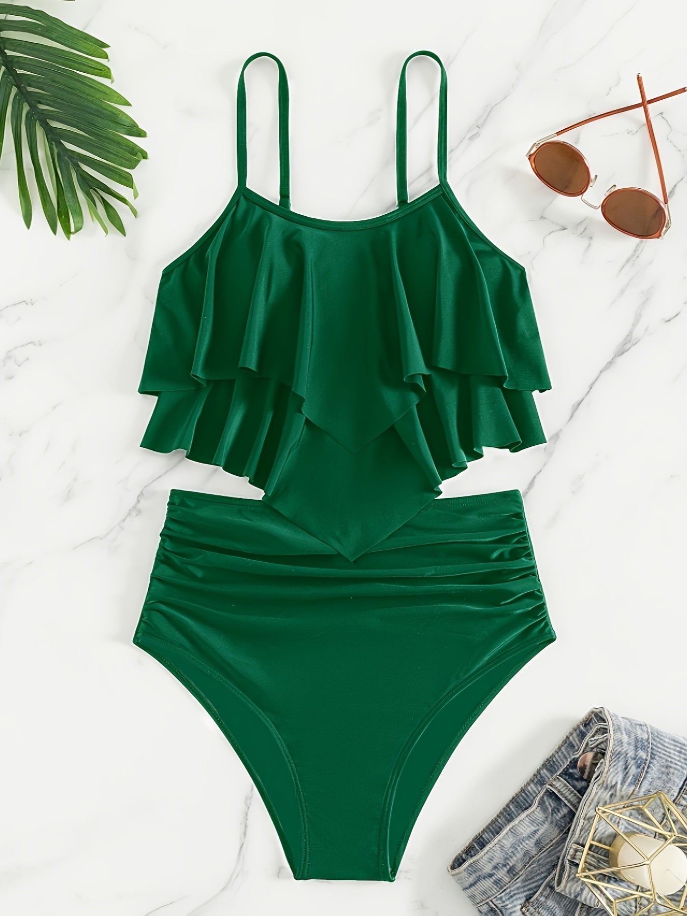 Valenzora | Ruched, Layered Two-Piece Black Tankini for Women