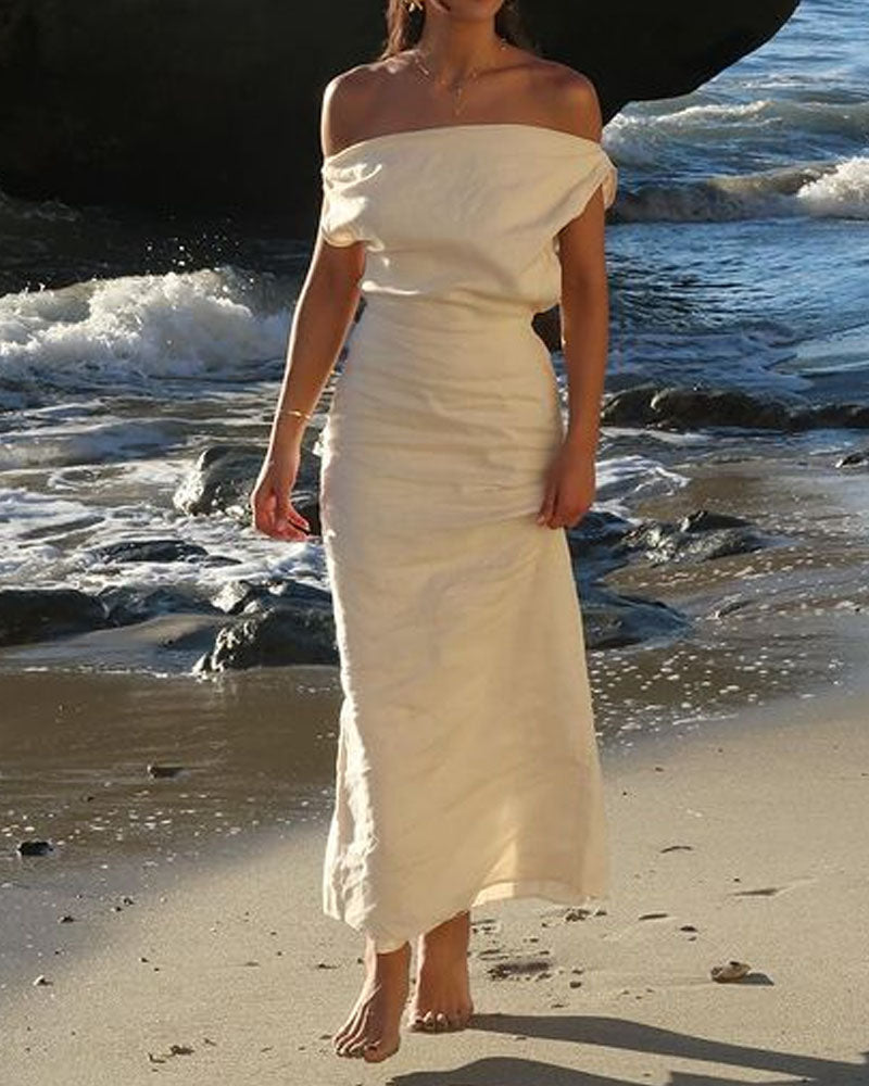 Leinenkleid mit schrägen Schultern