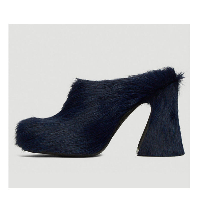 Valenzora | Closed Toe Horsehair Chunky Heel Waterproof Platform Slippers