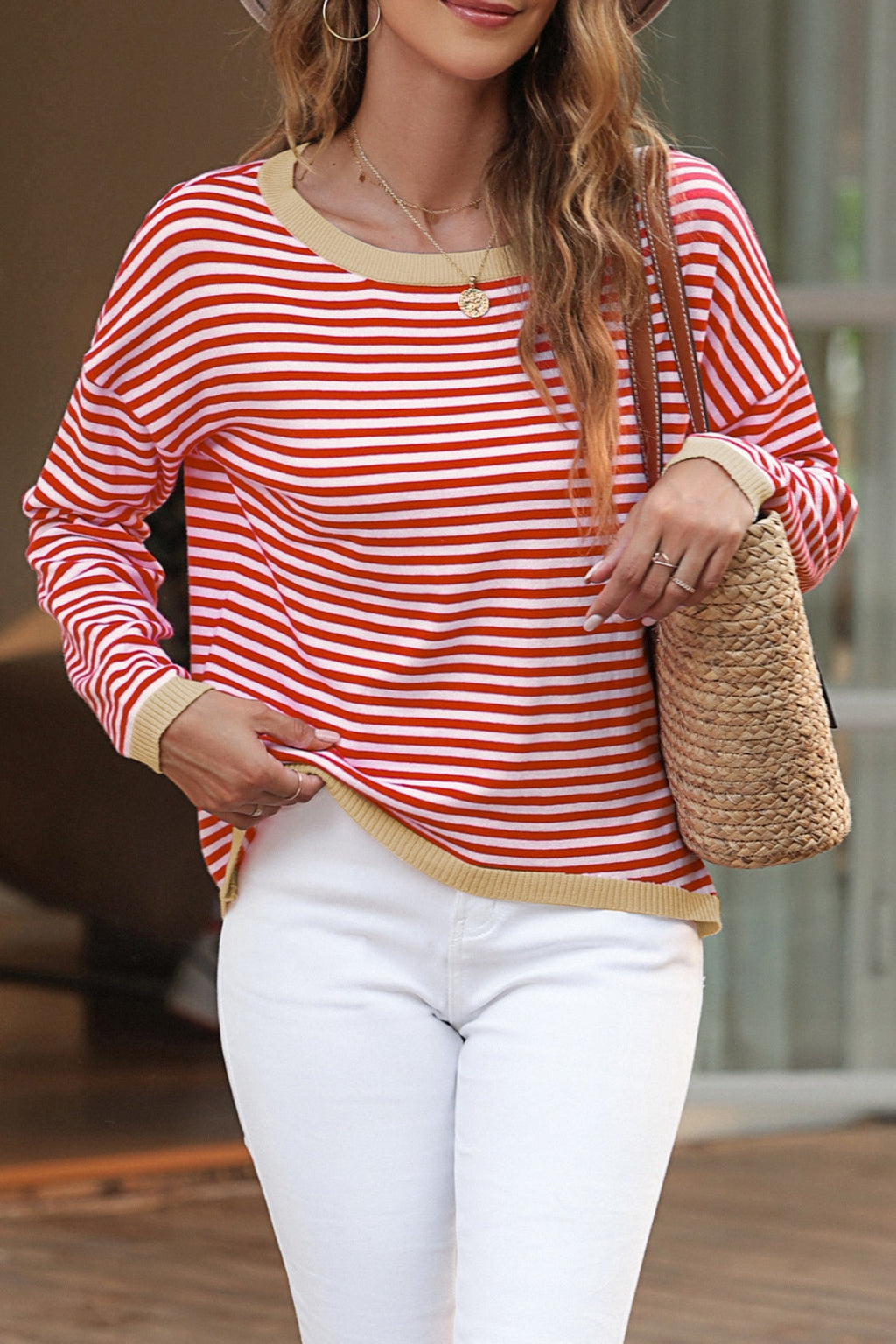 Valenzora | Striped crew neck drop-shoulder T-shirt