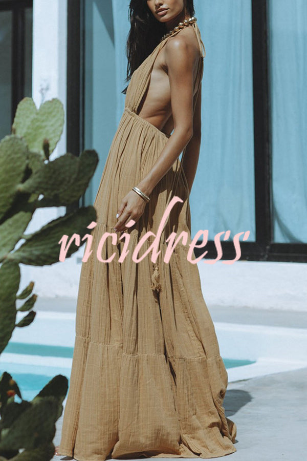 Valenzora – Neckholder maxi dress in a linen blend with a backless slit