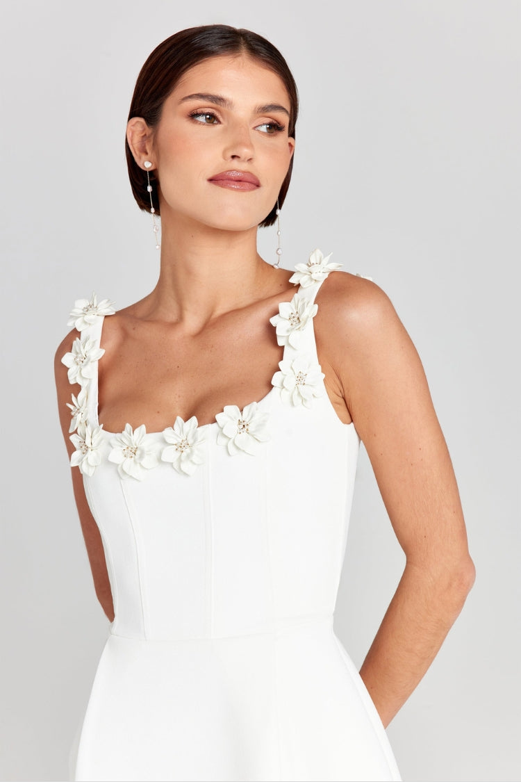 Valenzora | Cindy Faux Pearl Flower Applique Square Neckline Pockets Mini Dress