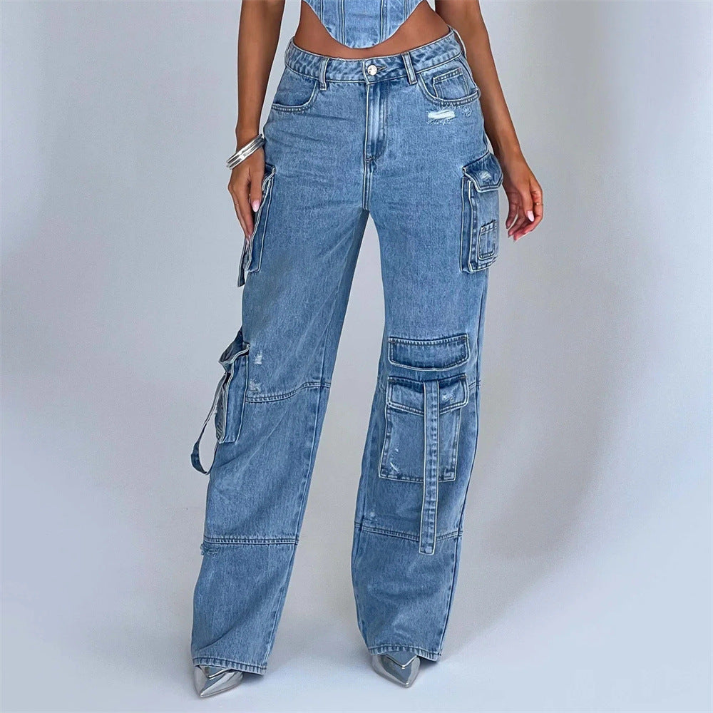Valenzora | Denim Suits Summer Sexy Back Cutout Tube Top and Multiple Pockets Straight Trousers Fashion Long Trousers Suit Women's Clothing