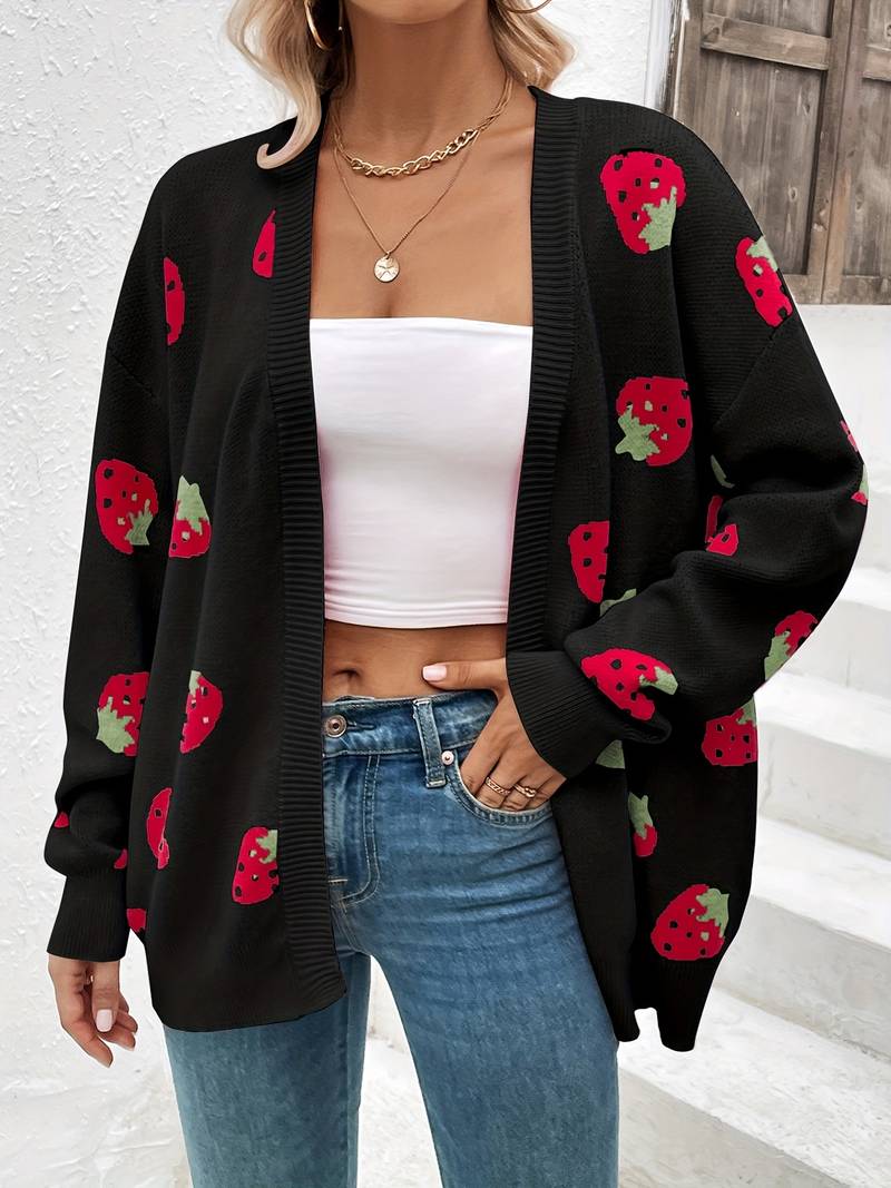 Langärmliger Cardigan mit Erdbeermuster für Herbst und Frühling