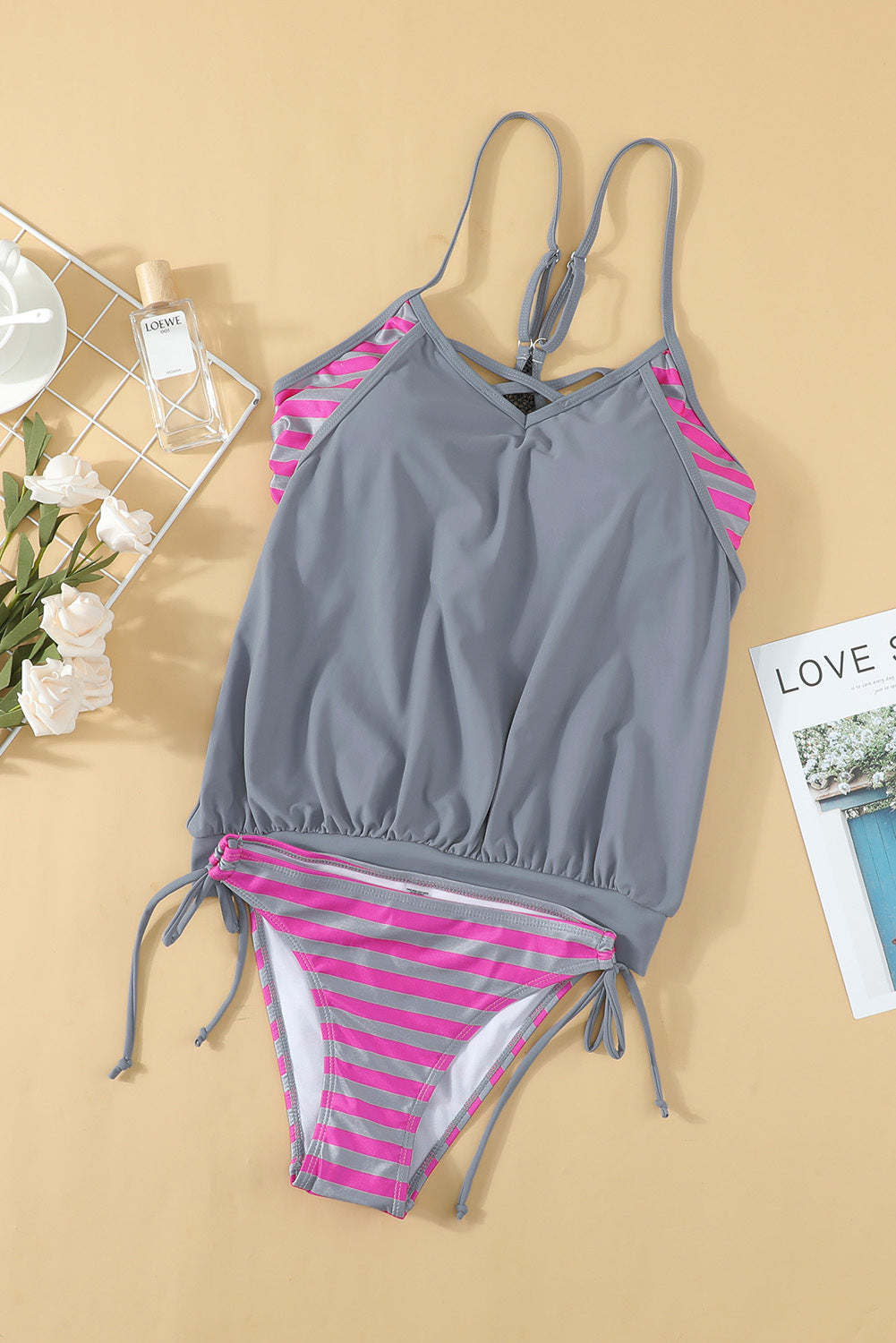 Valenzora | Cross-hatched spaghetti strap tankini set