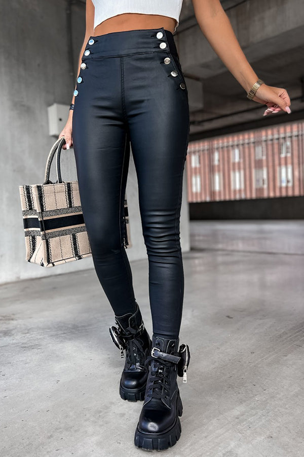 Valenzora | Jingle High Rise Button Faux Leather Leggings