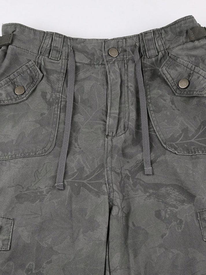 Valenzora | Camo Print Gathered Multi-Pocket Waistband Cargo Jeans