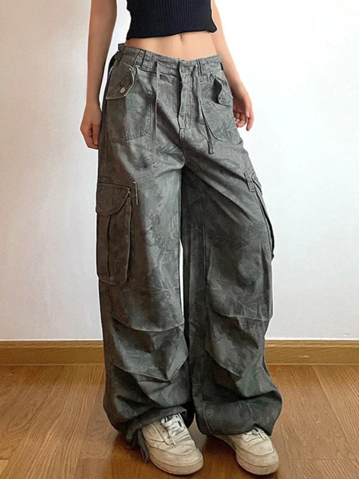 Valenzora | Camo Print Gathered Multi-Pocket Waistband Cargo Jeans