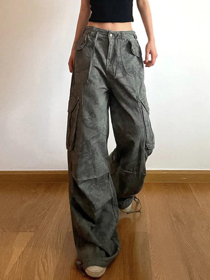 Valenzora | Camo Print Gathered Multi-Pocket Waistband Cargo Jeans