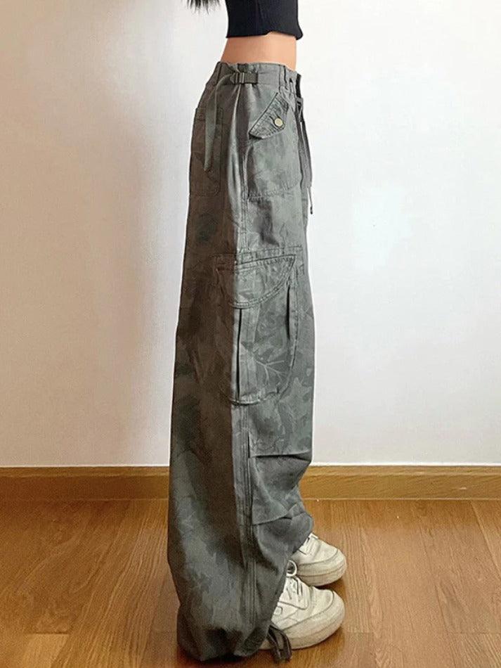 Valenzora | Camo Print Gathered Multi-Pocket Waistband Cargo Jeans