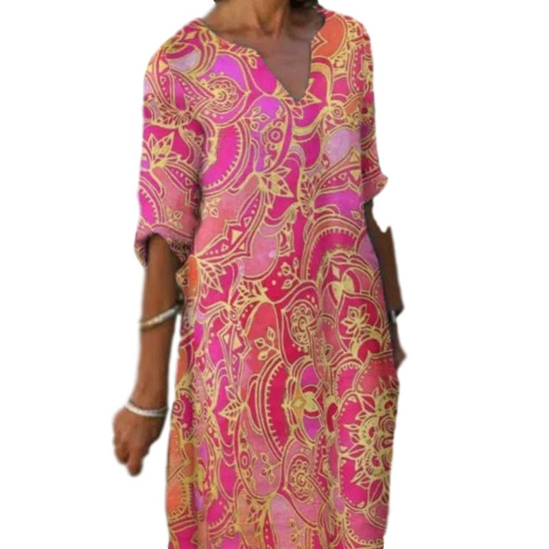 Valenzora | Casual, colorful paisley-inspired dress with three-quarter sleeves and a V-neck