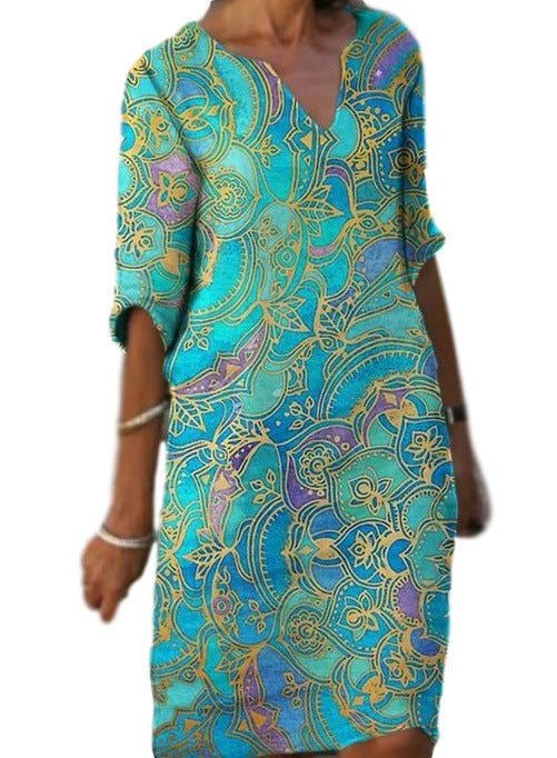 Valenzora | Casual, colorful paisley-inspired dress with three-quarter sleeves and a V-neck
