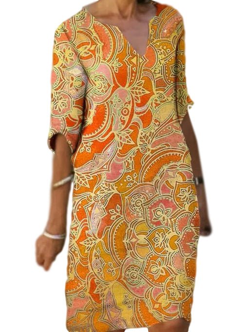 Valenzora | Casual, colorful paisley-inspired dress with three-quarter sleeves and a V-neck