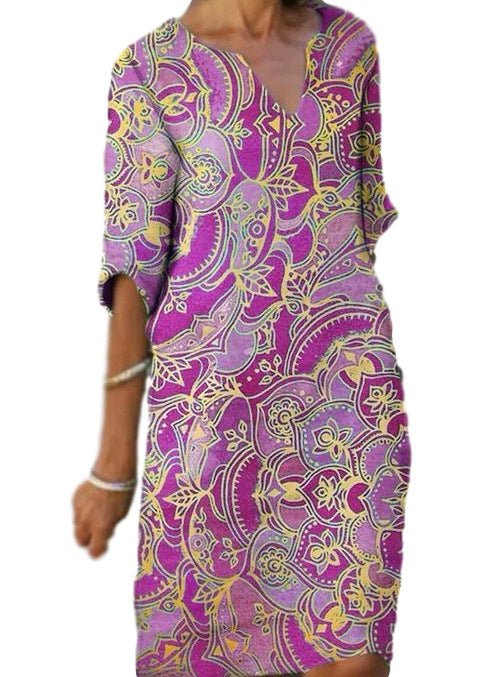 Valenzora | Casual, colorful paisley-inspired dress with three-quarter sleeves and a V-neck