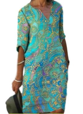 Valenzora | Casual, colorful paisley-inspired dress with three-quarter sleeves and a V-neck