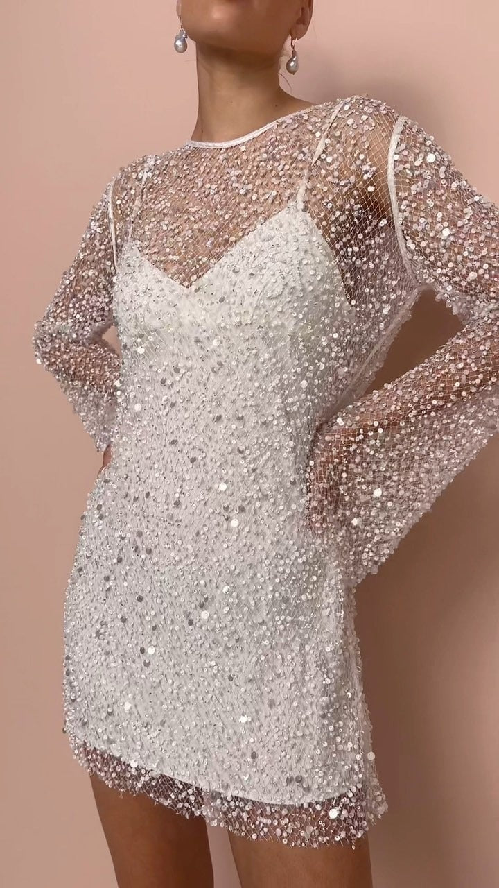 Valenzora | Pearl See-through Mesh Two-Piece Set Sling Dress