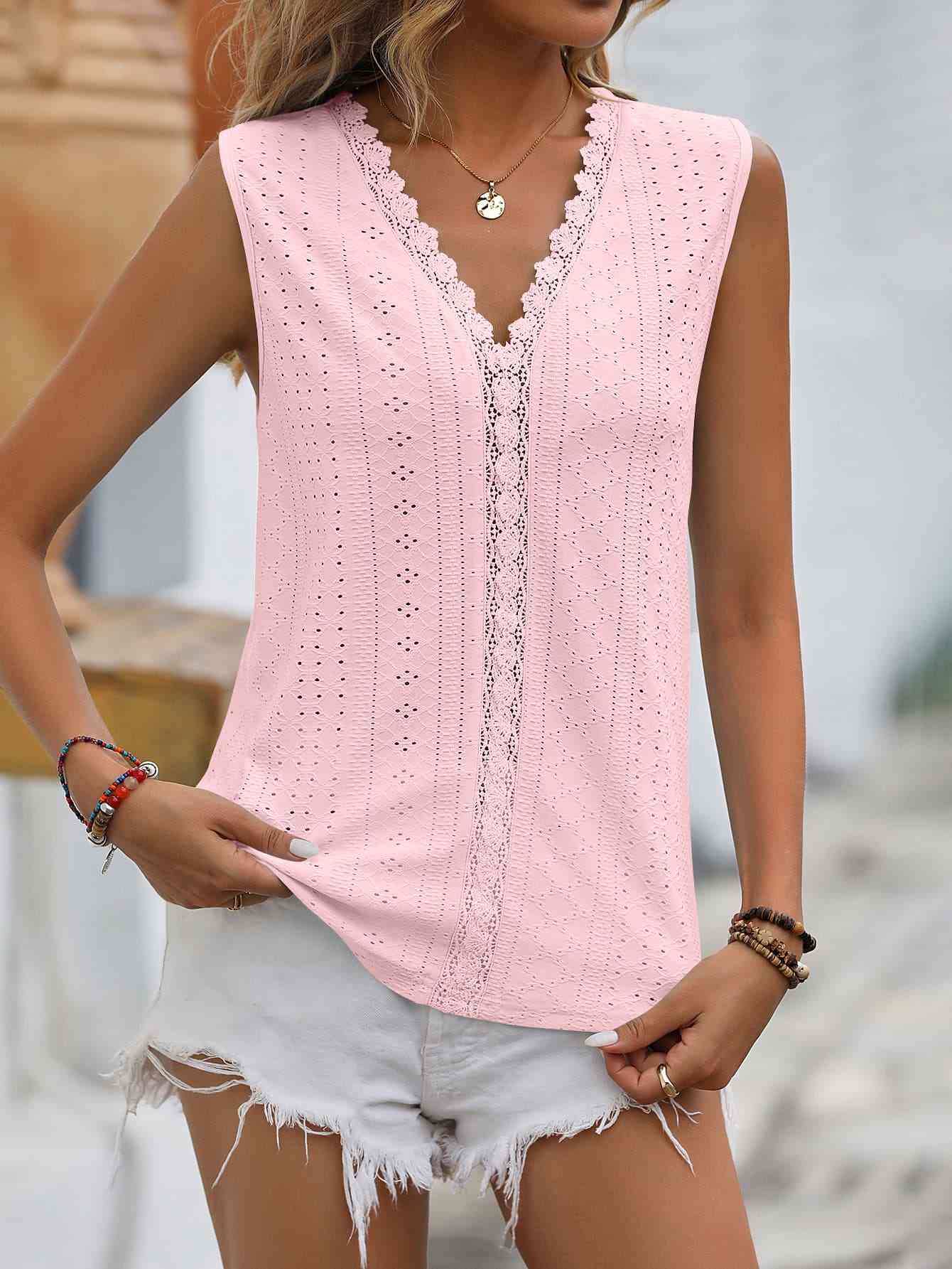 Valenzora | Split Lace V-Neck Sleeveless Shirt