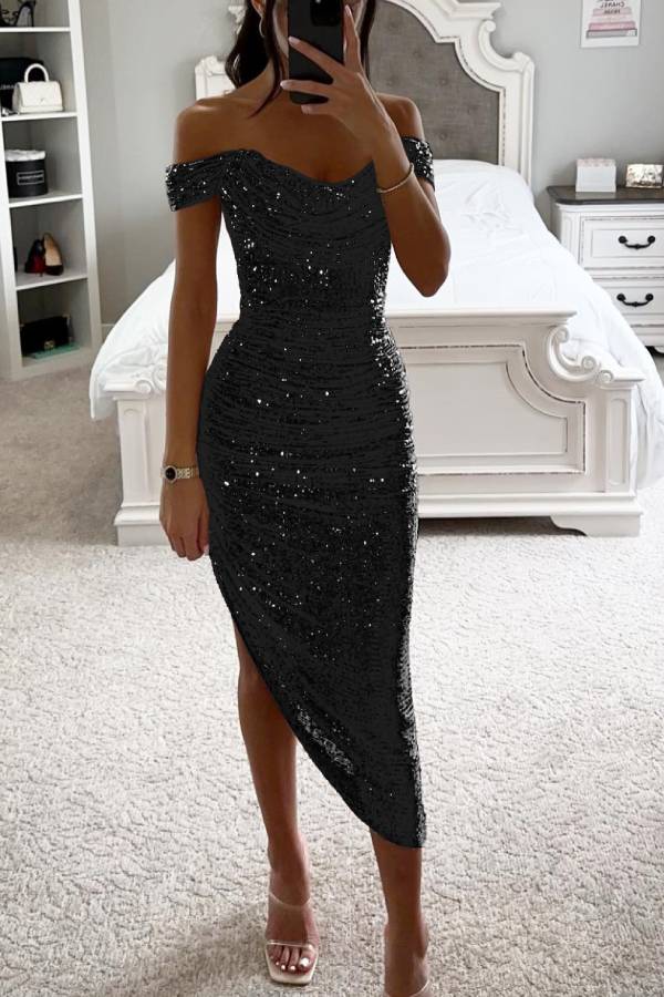 Valenzora | Shawl collar sequin midi dress