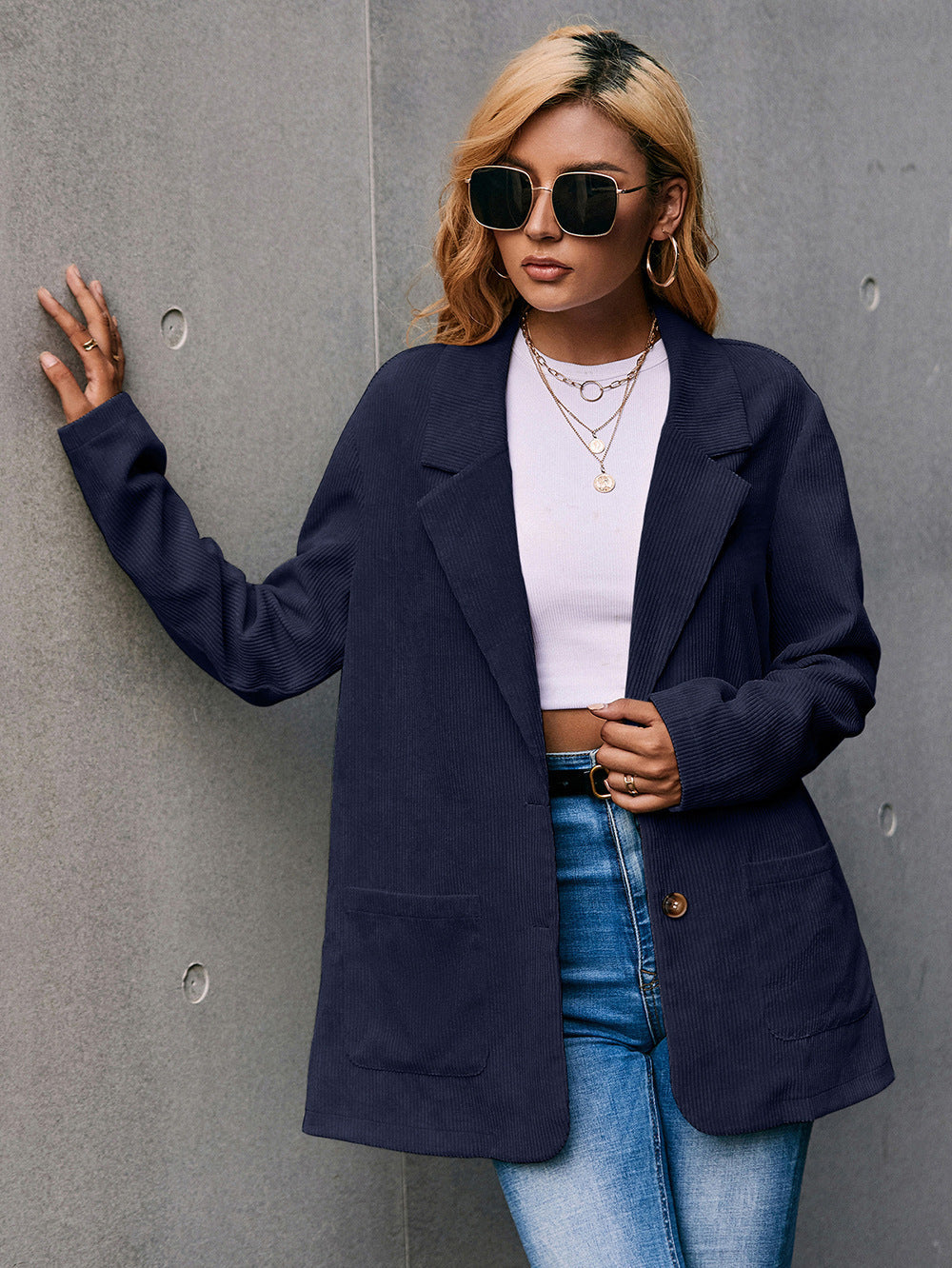 Valenzora | Cord-Longline-Blazer mit langen Ärmeln und Taschen
