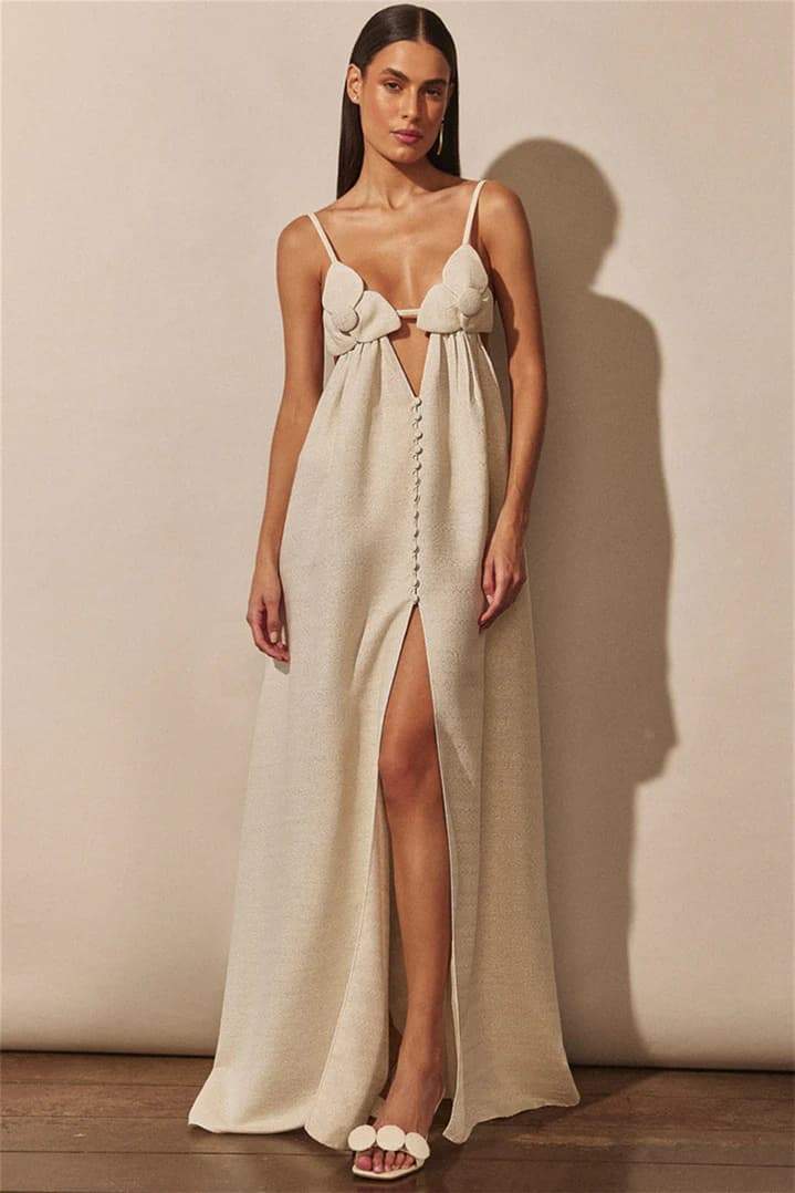 Valenzora | Maxi dress with V-neck and high floral slit