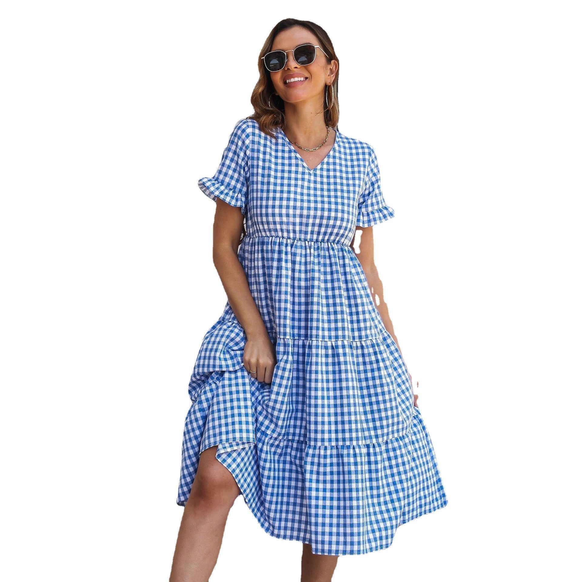Valenzora | Checkered midi dress with tiered skirt and short sleeves
