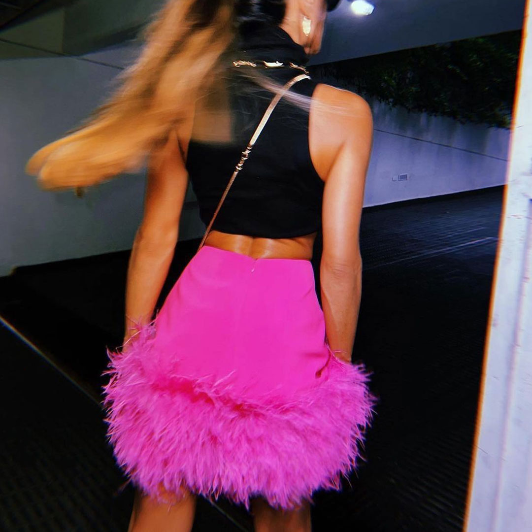 Valenzora | Chic high-waisted feather trim bodycon mini skirt
