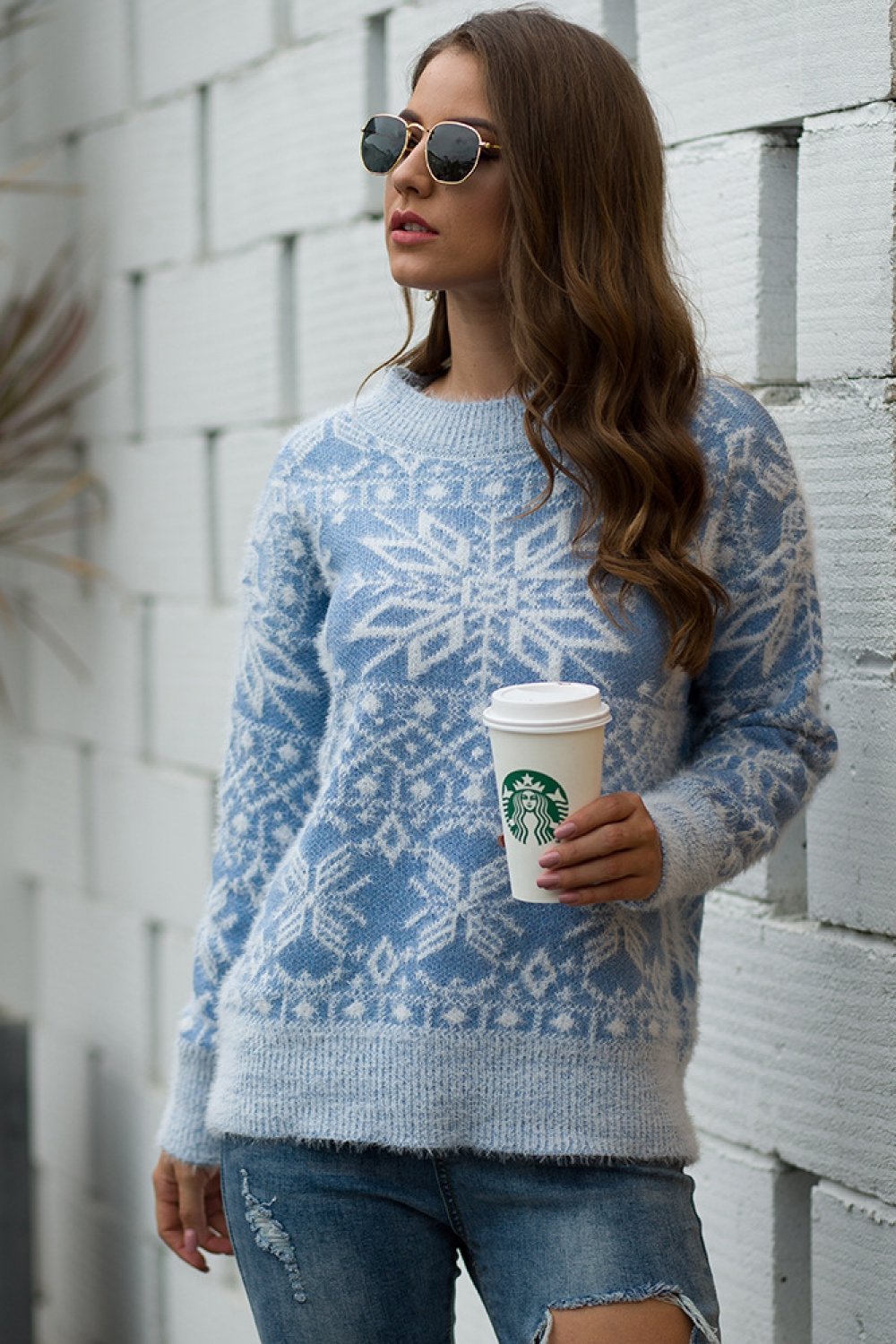Valenzora Christmas Snowflake Plush Sweater - Blue