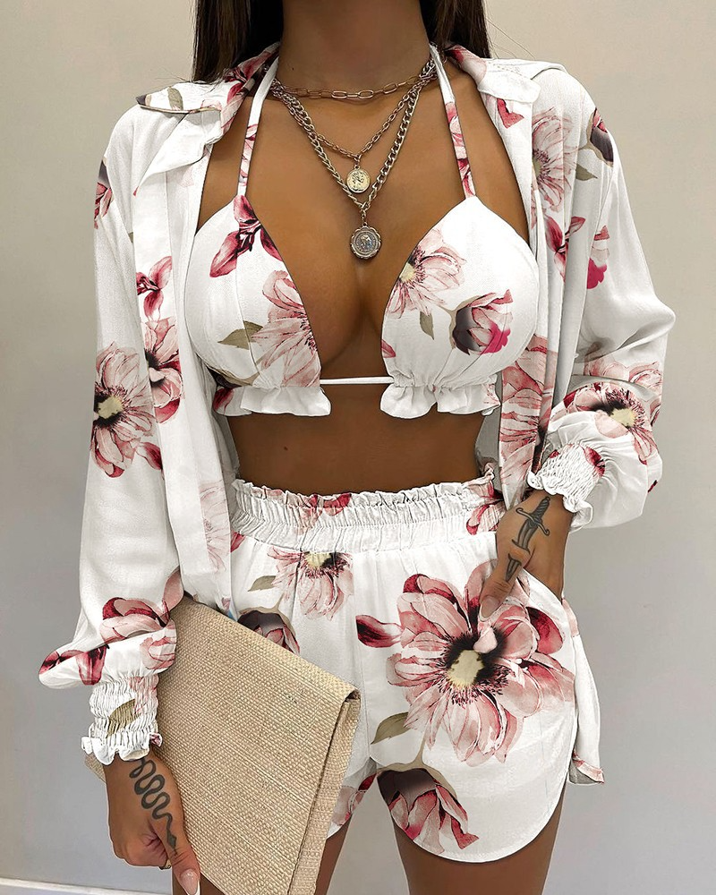 Valenzora | Three-piece swimsuit set: cardigan top and shorts