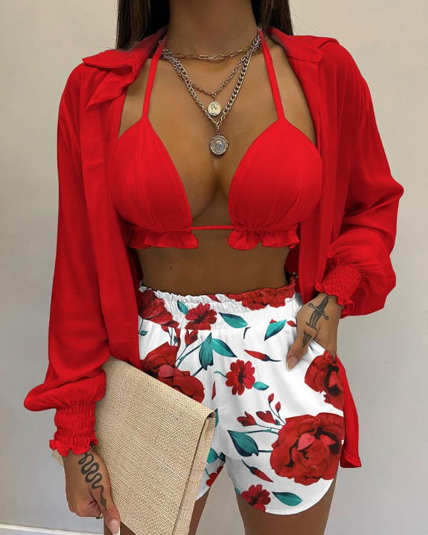 Valenzora | Three-piece swimsuit set: cardigan top and shorts