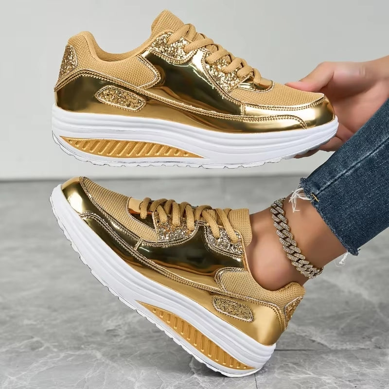 Valenzora | Women's gold lace-up platform sneakers