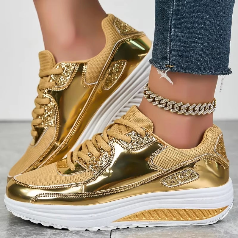 Valenzora | Women's gold lace-up platform sneakers