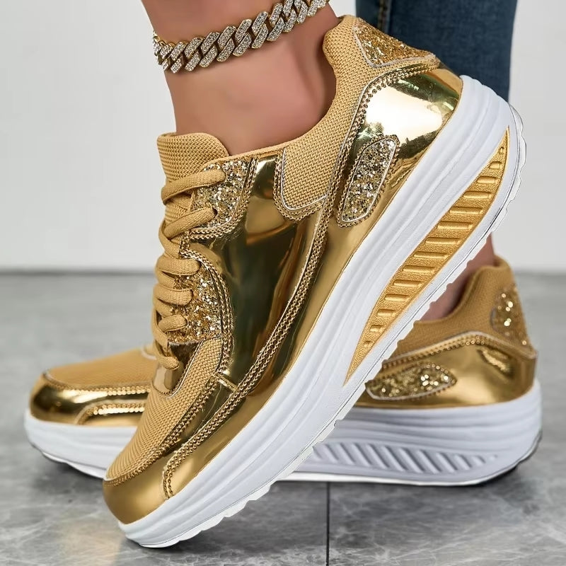 Valenzora | Women's gold lace-up platform sneakers
