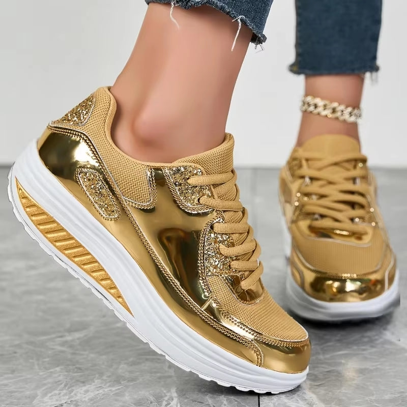 Valenzora | Women's gold lace-up platform sneakers