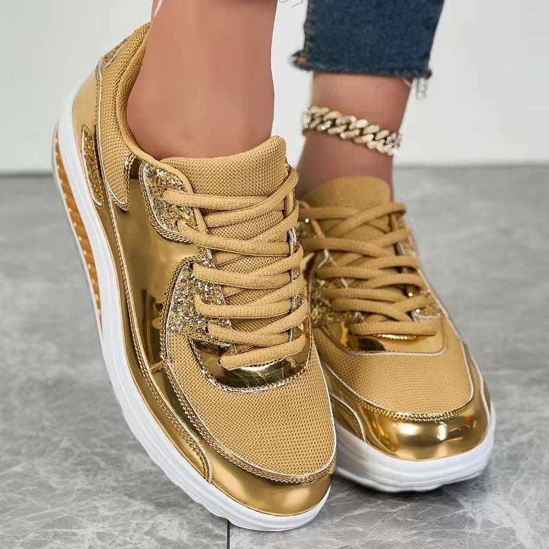 Valenzora | Women's gold lace-up platform sneakers