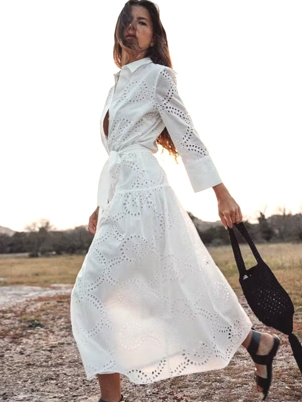 Valenzora | Stylish White Women's Chic Hole Midi Dress