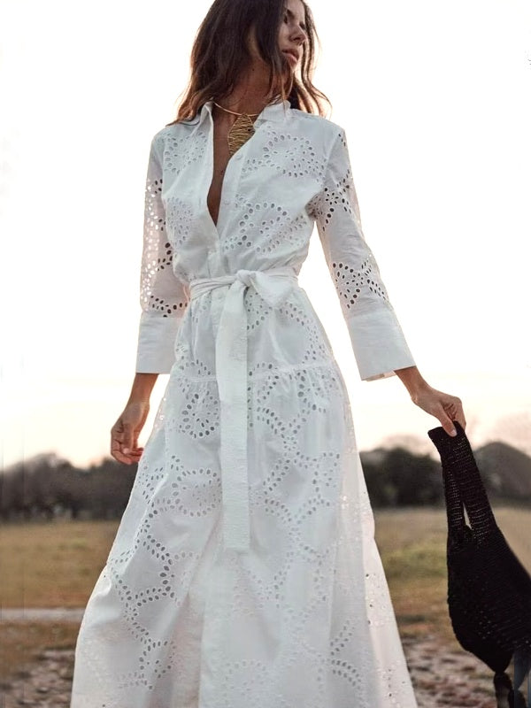 Valenzora | Stylish White Women's Chic Hole Midi Dress