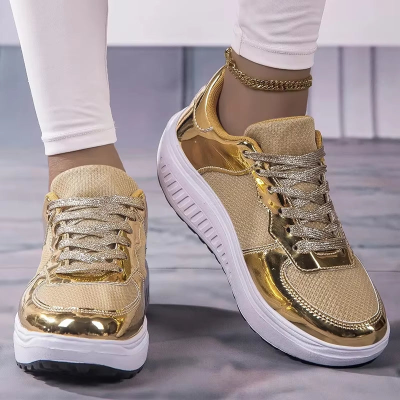 Valenzora | Women's gold lace-up platform sneakers