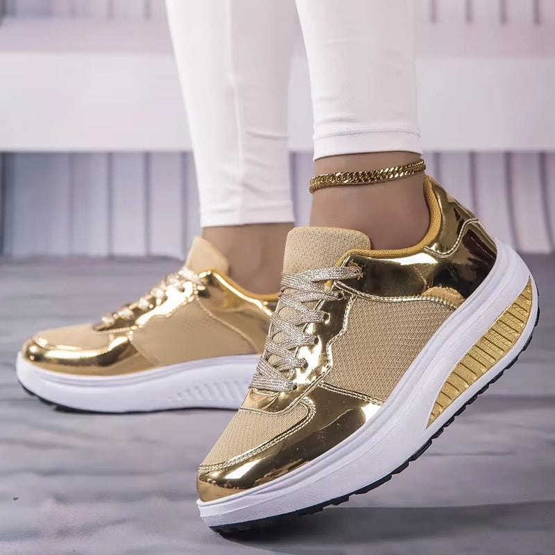 Valenzora | Women's gold lace-up platform sneakers