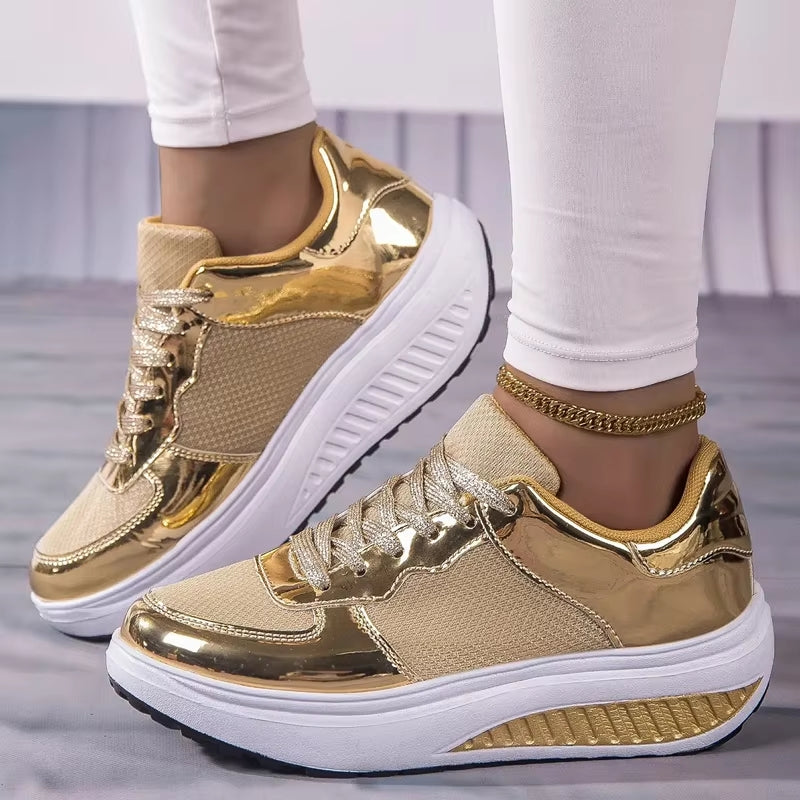 Valenzora | Women's gold lace-up platform sneakers