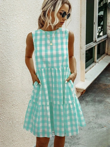 Valenzora | Mode, locker sitzendes Damenkleid mit Rundhalsausschnitt, karierter Pastell-Midi-Rock