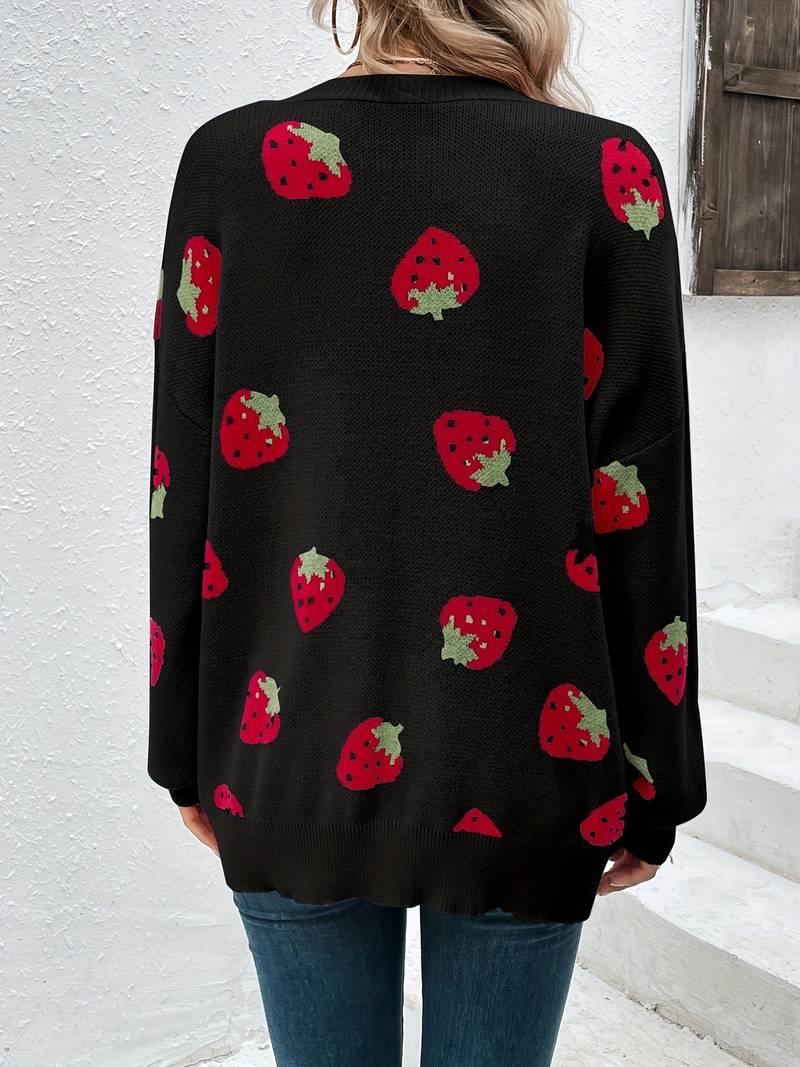 Langärmliger Cardigan mit Erdbeermuster für Herbst und Frühling