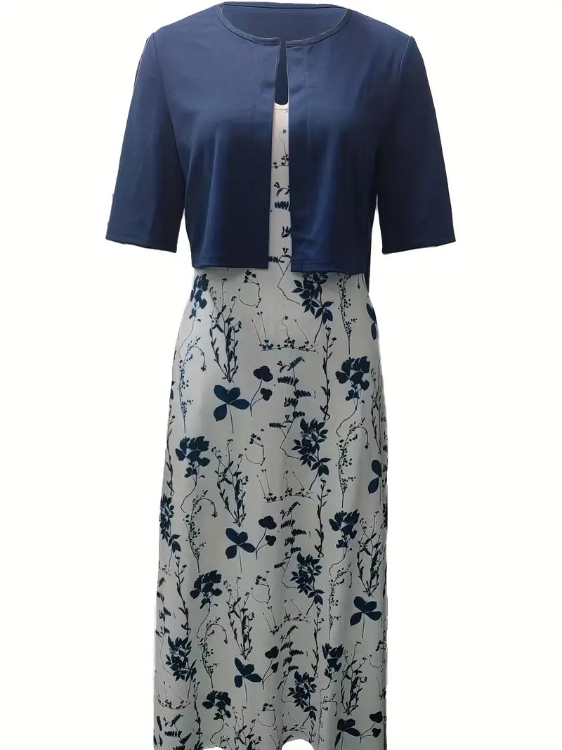Valenzora | Elegant two-piece floral dress set with solid color crop top and round neck dress