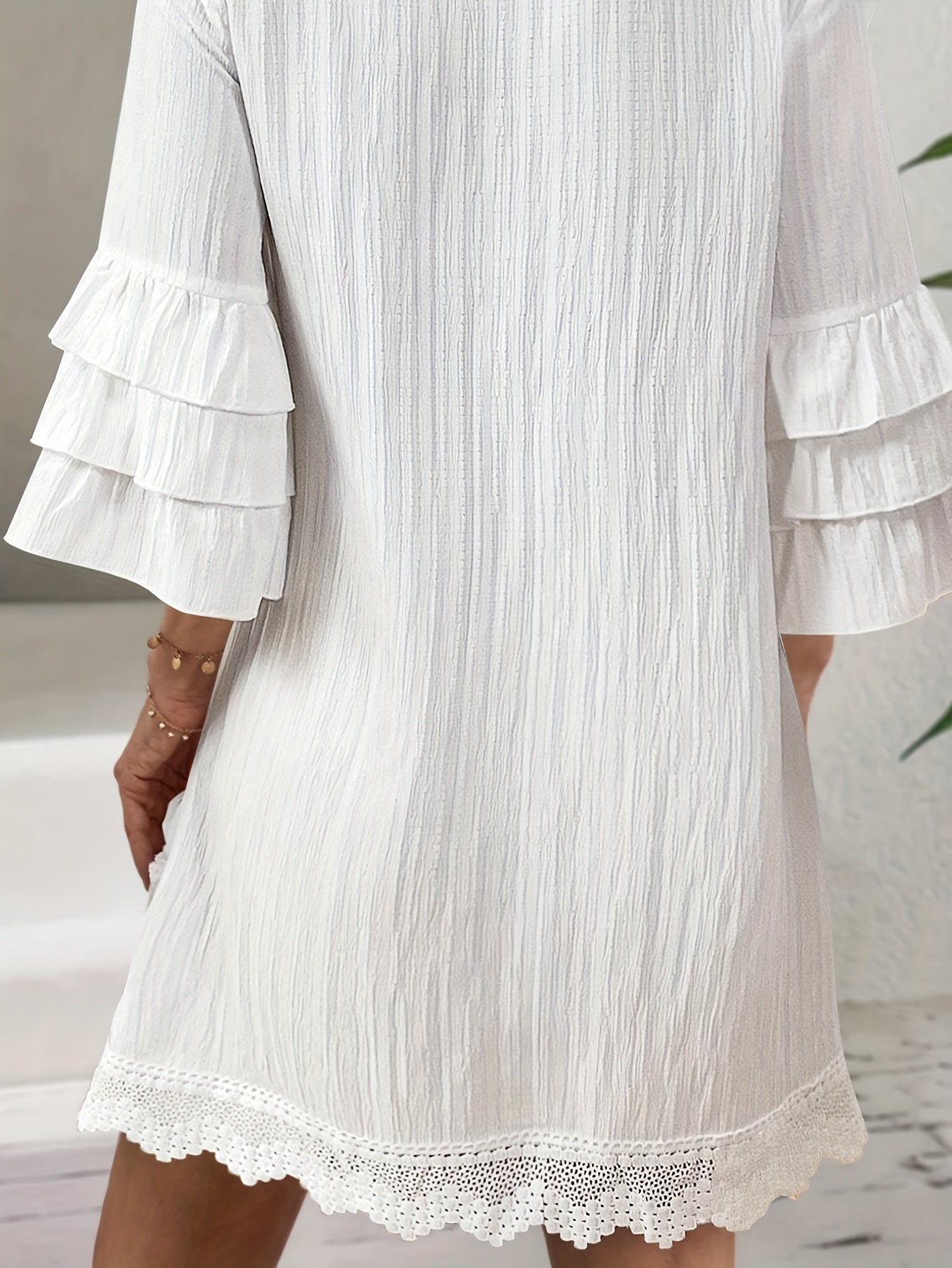 Valenzora | Women's dress with embroidery and pom-poms, 3/4 sleeves, white