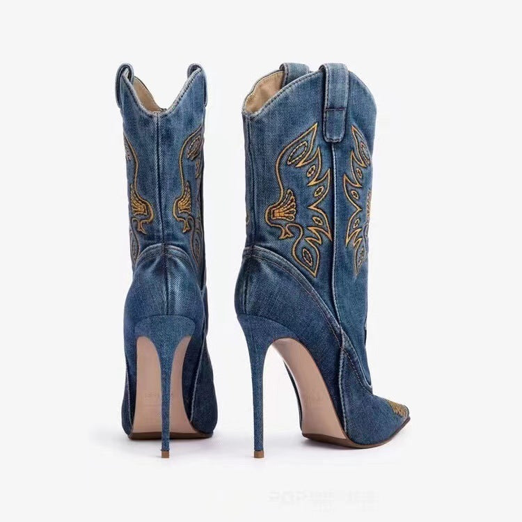 Valenzora | Damen-Fashion Western-Denim-Stil Stiefel mit hohen Absätzen