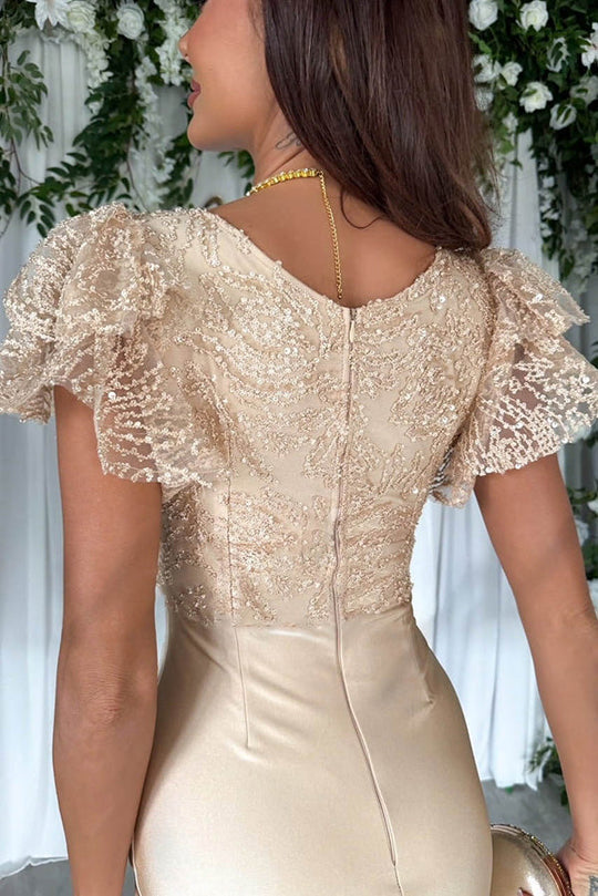 Valenzora | Dreamy luxury lace and satin patchwork ruffled flared midi dress