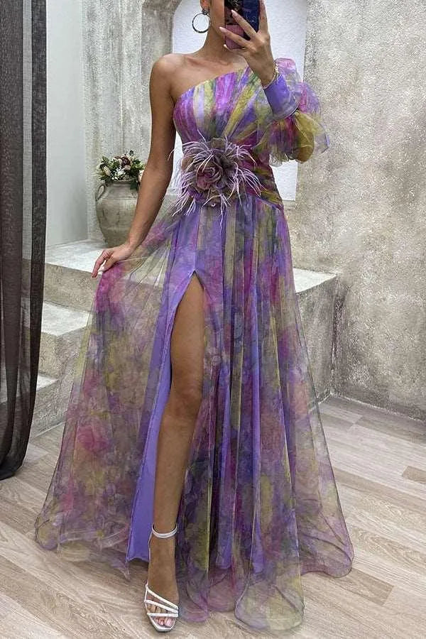 Valenzora | Long party dress with off-the-shoulder, split print.